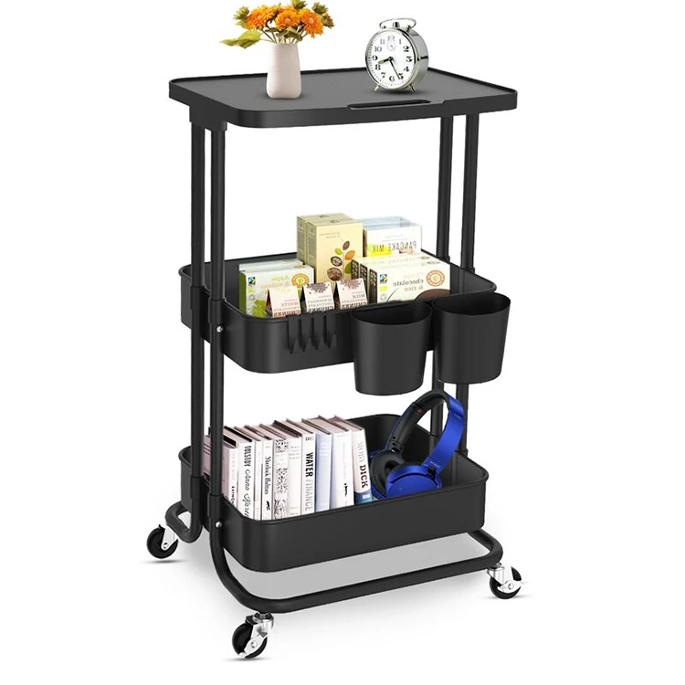 Black 3 Tier Square With Plate ABS Plastic Utility Multi-usage Mobile Serving Shelves Hand Storage Racks Kitchen Rolling Cart
