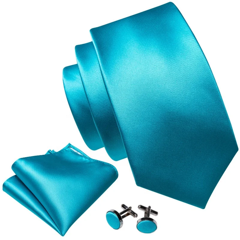 Classic Lake Blue Solid Color Mens Tie Handkerchief Set
