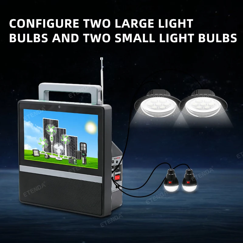 Energy-Efficient 10-Inch Solar TV with 16V Solar Panel, Remote-Controlled Bulbs, and Comprehensive Connectivity Options