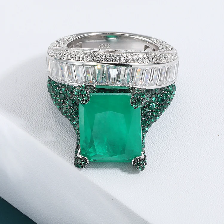Luxury S925 Sterling Silver Emerald Ring Jewelry Full Cubic Zirconia Big Green Stone Rings Turkish Jewelry Set