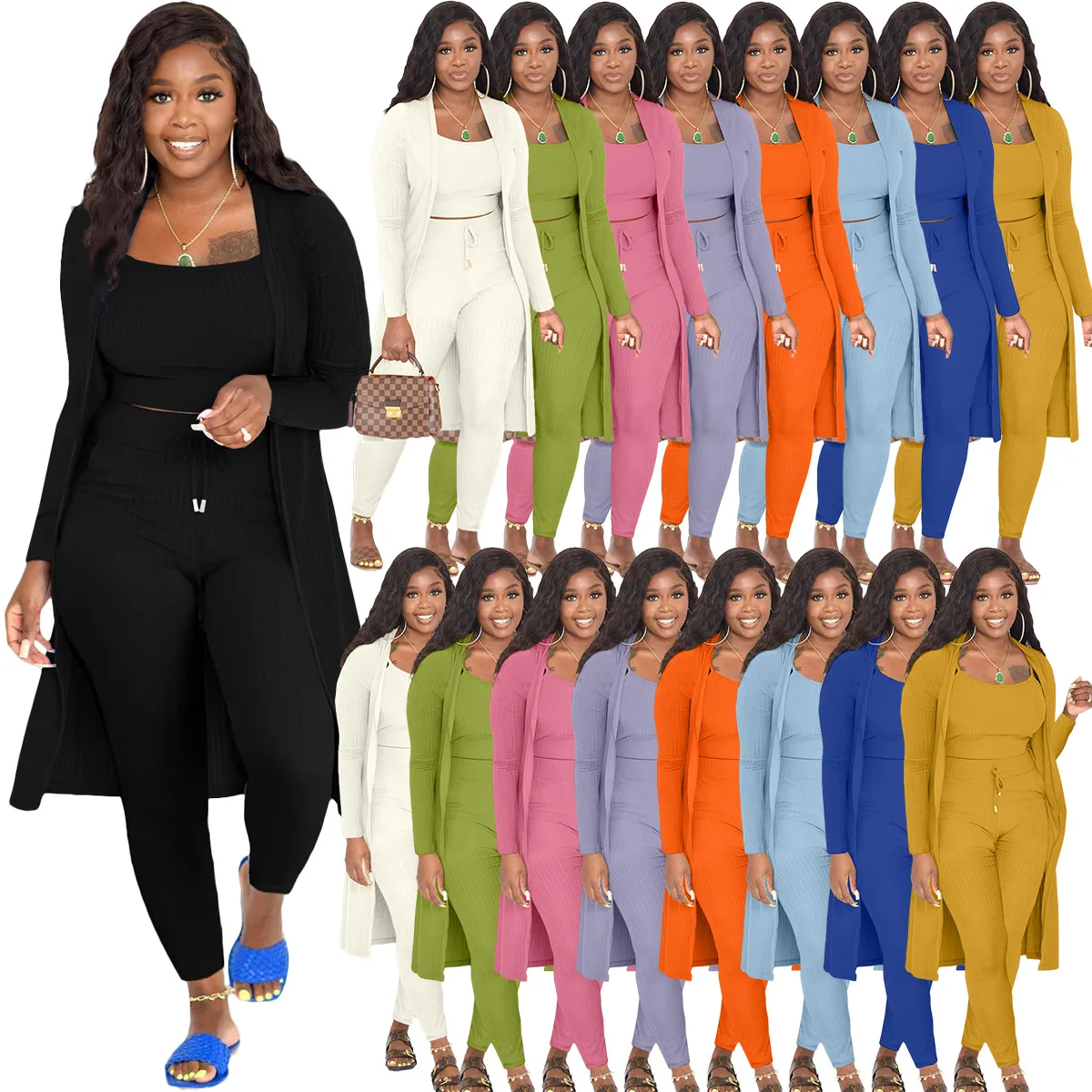 Plus Size S-3XL 3 Piece Pants Sets Women Clothing Casual Long Cloak solid color 3 pieces set Fall 2022 Women Clothes