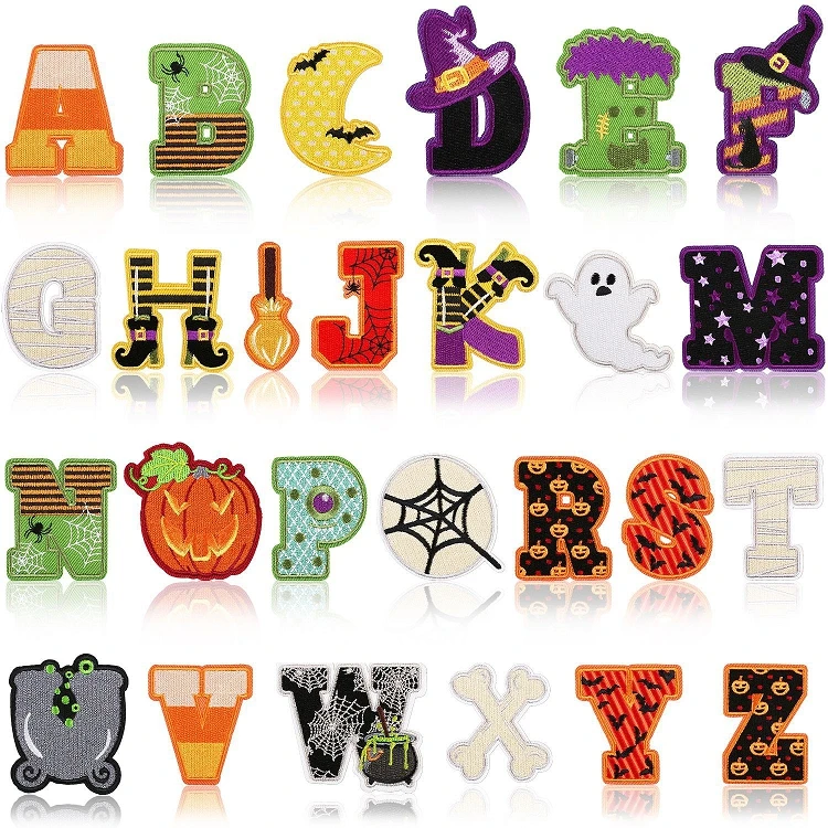 Wholesale heat press custom small letters embroidery patches iron on Halloween A-Z logo patterns letter patch for clothing DIY