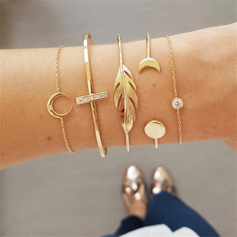 Fashion Rose Gold Silver Plated Jewelry Twist Diamond Layered Open Crystal Sun Moon Leaf Bracelet For Women