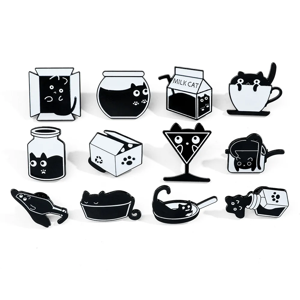 Wholesale Cute Cartoon Creative Personality Small Black Cat Brooch Liquid Ink Cat Alloy Bag Accessories