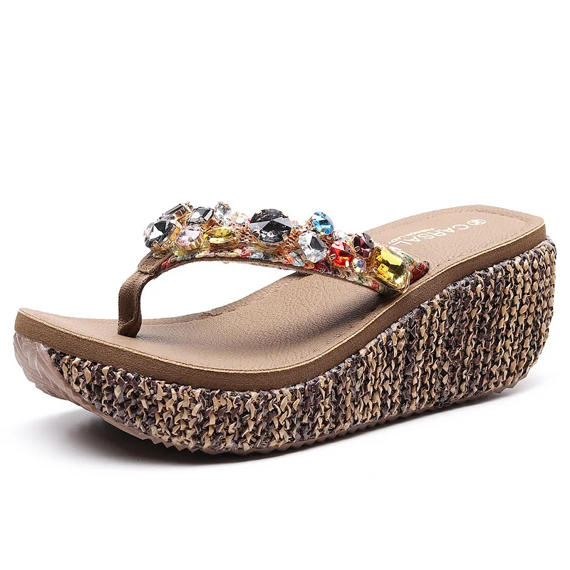 S036 Colorful Gems Summer beach Slippers Thick Sole Flip Flops Women