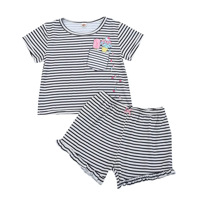 Wholesale Children Jersey Sleepwear Pajamas Kids Striped Casual Short Sleeve Girls Pajama Sets