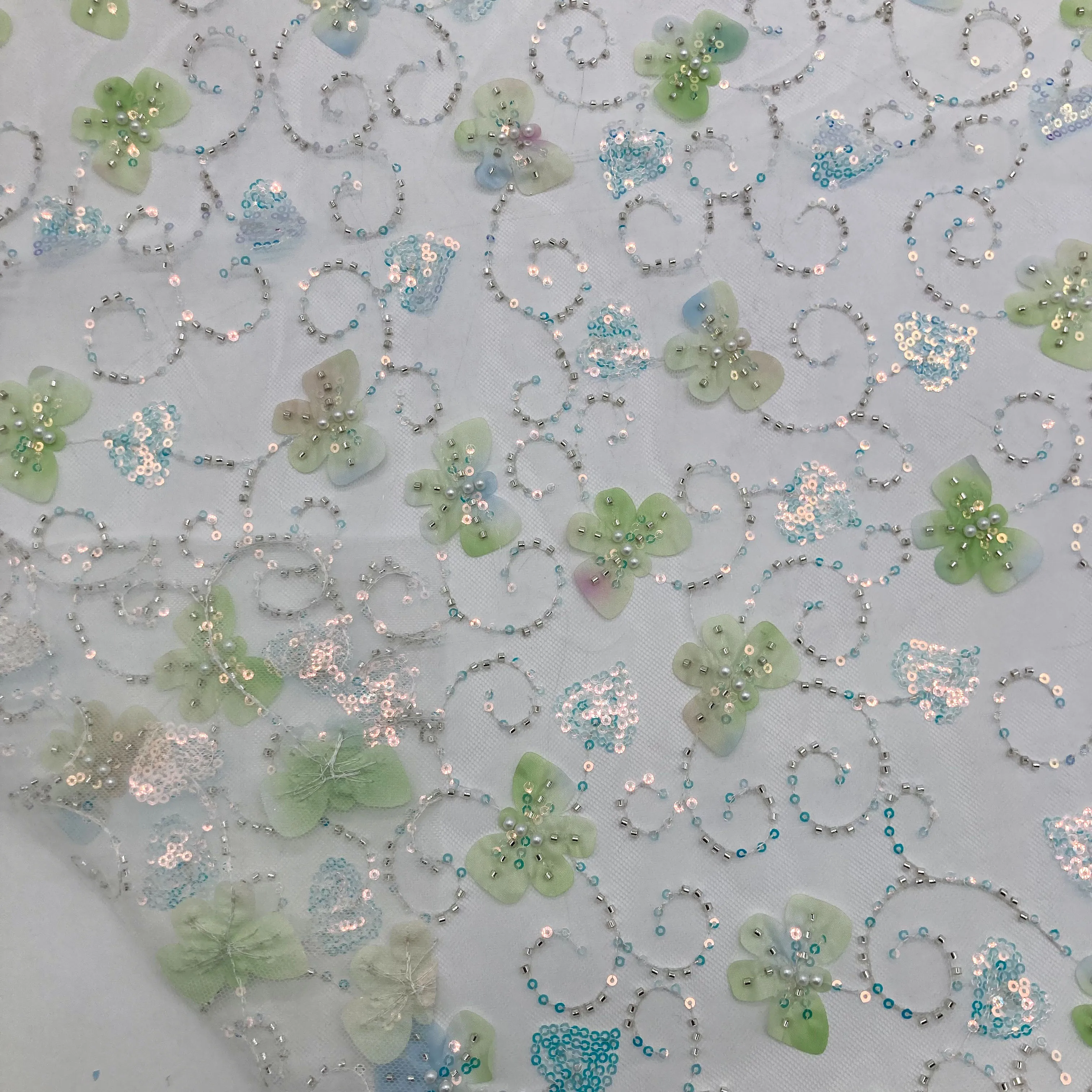 High Quality New Arrival 100% Polyester Tulle Mesh 3d Green Floral Sequin Embroidery Fabric For Dress