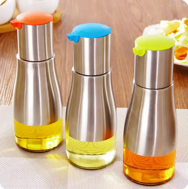 2021 Stainless Steel Olive Oil Bottle Glass Cruet Vinegar Bottle Oil Bottle Leak Proof Oiler Spice Jar