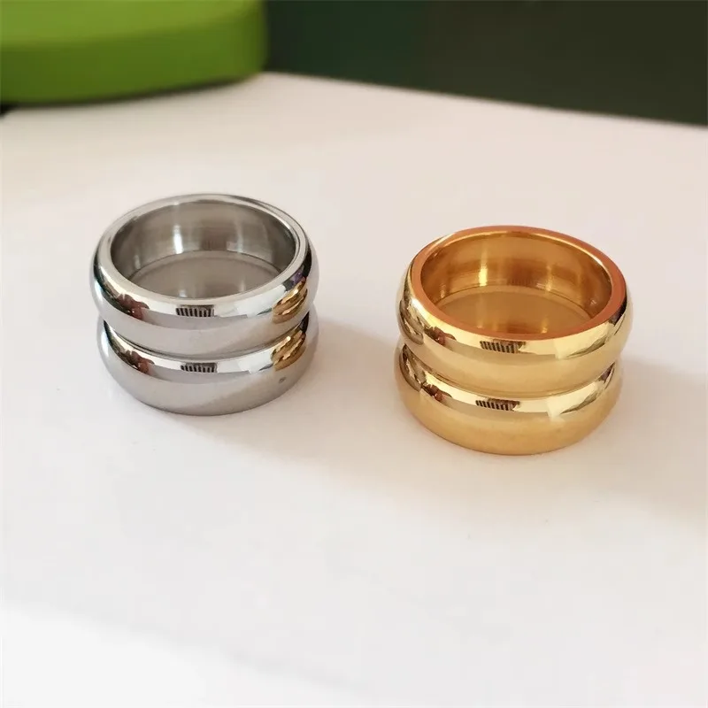 Fashion Waterproof Jewelry Minimalist Smooth Double Layer Finger Ring 18k Gold Plated Stainless Steel Smooth Chunky Ring