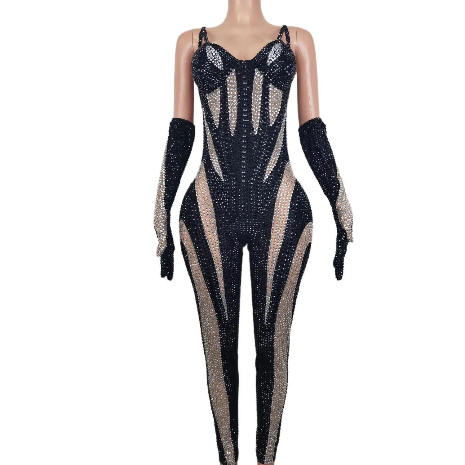 Sexy Club Bodycon Rompers Gloves Dancer Bodysuits Show Performance Festival Outfit Women Birthday Party Rhinestone Jumpsuits