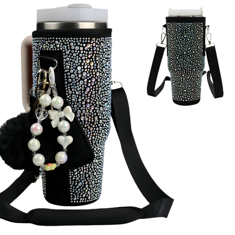 New Neoprene Rhinestone Water Bottle Holder Bag 40 oz Tumbler Bag Tumbler Accessories Bling Water Bottle Carrier With Strap 40oz