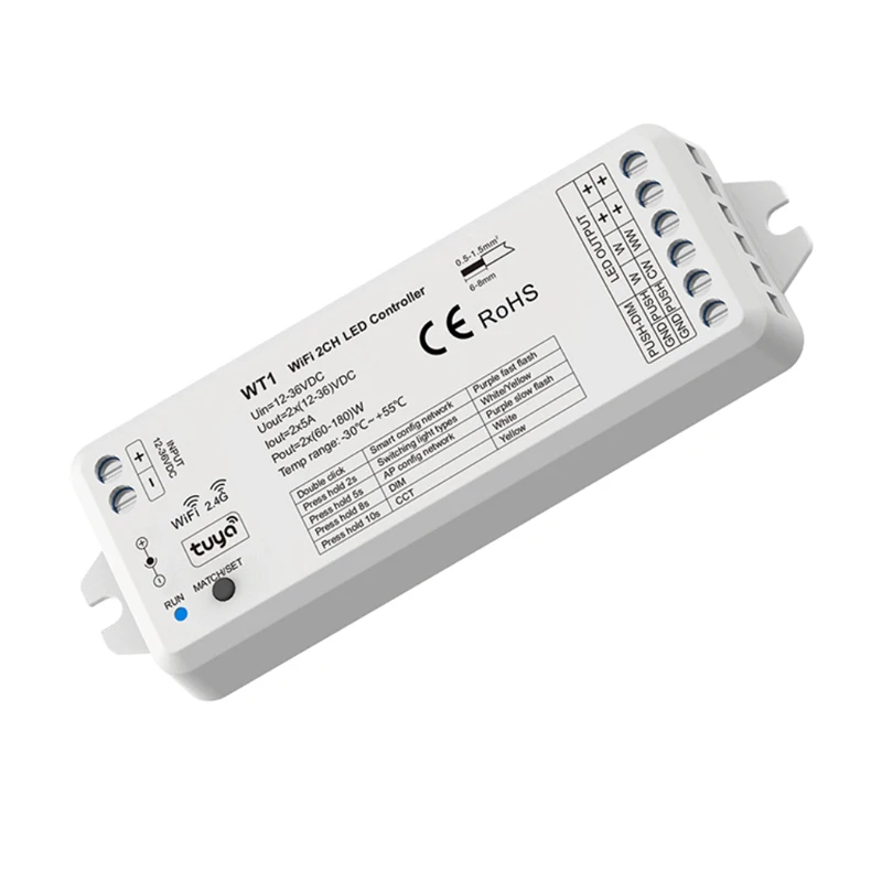 WT1 2CH 5A 12v 24v 36V DC WiFi RF CV Tuya приложение push Dim контроллер для управления одним цветом или цветовой температурой светодиодные полосы