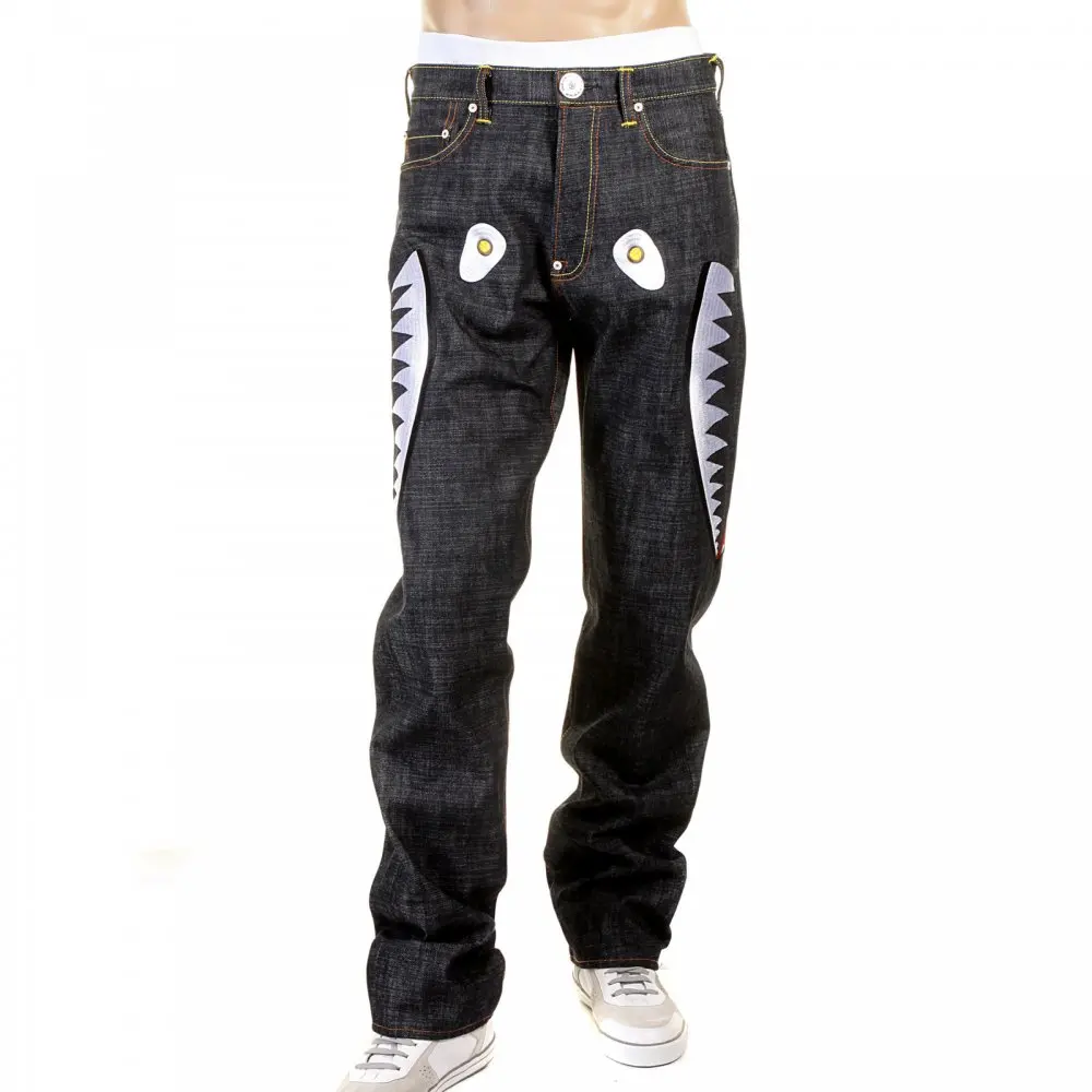Mens straight leg Japanese raw selvedge denim jeans with custom high quality embroidery pattern