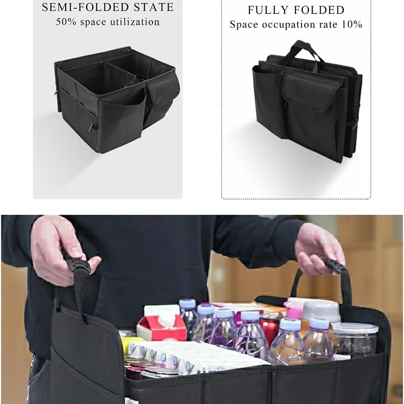 U702 Large Capacity Auto Car Trunk Backseat Organizer with Soft Handle Collapsible Multi Compartment Trunk Organizer for Car