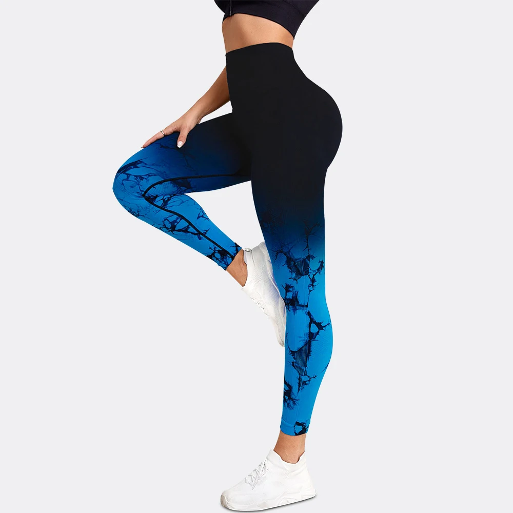 Fitness Gym Workout Leggings Bottoms  Violet Pink Blue Spandex Sports Activewear High Elasticity Skinny Tie Dyed Leggings