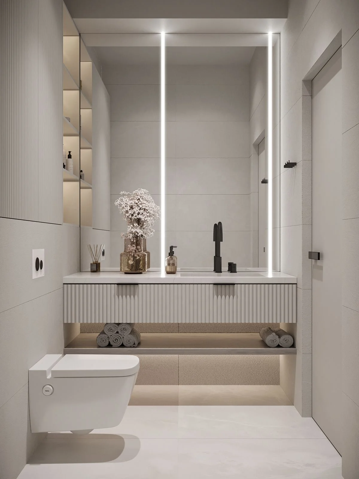 Wholesale double single modern fluted panel wall mounted simple design bathroom vanity mirror sink wooden panel bath cabinet