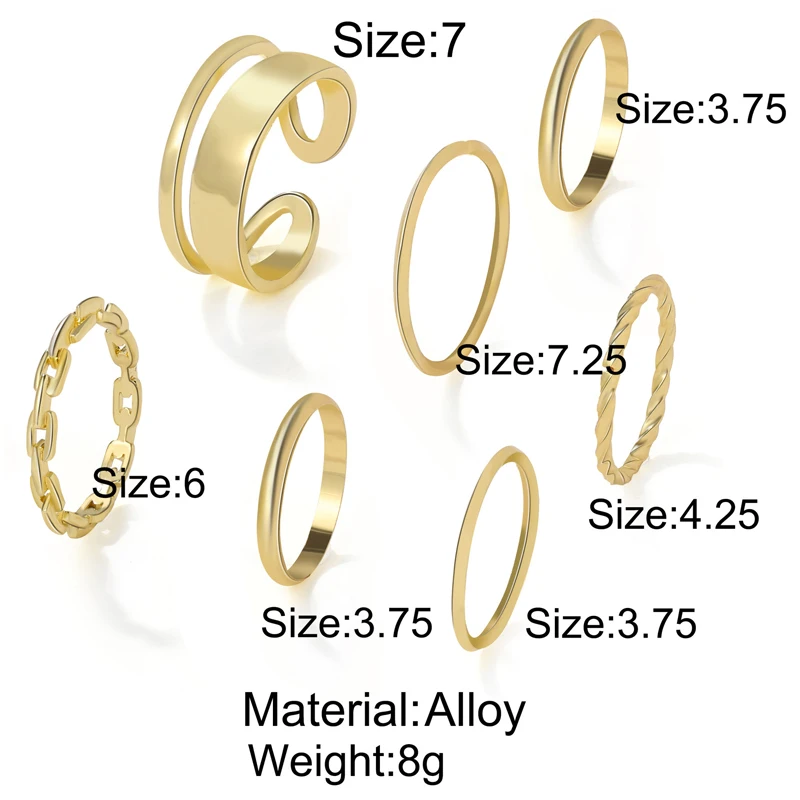 7pcs Fashion Jewelry Rings Set Hot Selling Metal Hollow Round Opening Women Finger Ring for Girl Lady Party Wedding Gifts