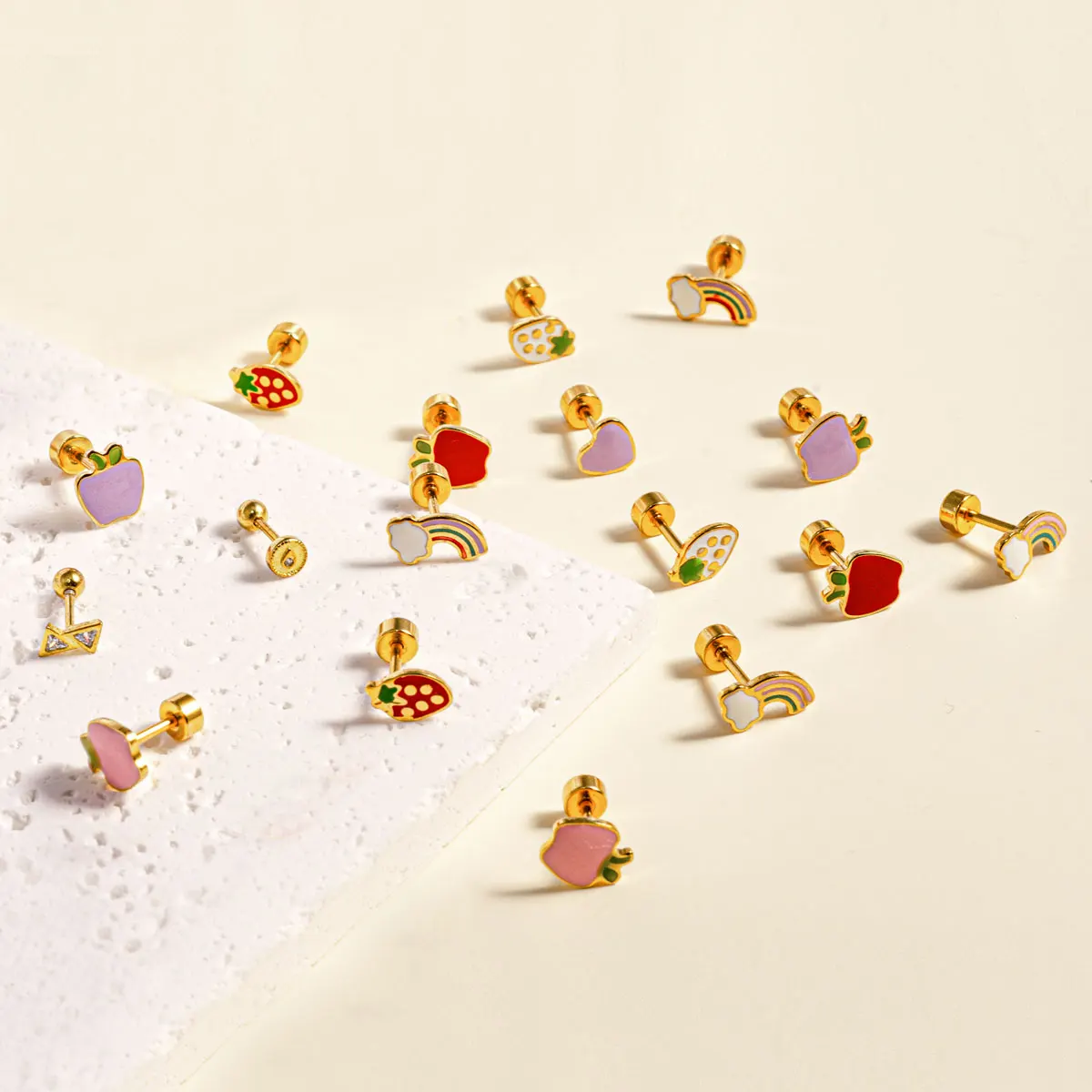 Waterproof Hypoallergenic Rainbow Fruit Gold Plated Enamel Stud Earring Stainless Steel Jewelry Earrings for Girls