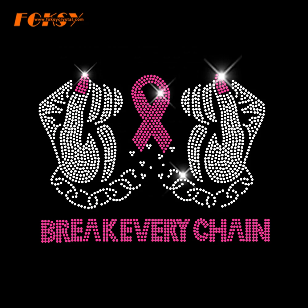 Pink Breast Cancer Ribbon Cross Iron On Break Every Chain Motif Rhinestone Transfer For Garment
