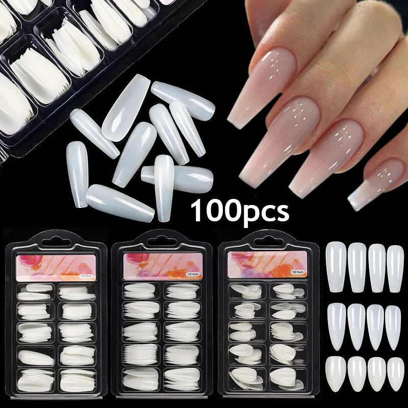 Fake Nails Capsule Artificial White Press-on Nail Full Cover Nail Tips For Extension Almond Coffin Fingernails Art Accessories
