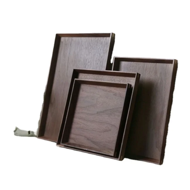 Hot Sale High Grade Rustic Square Shape Black Walnut Wooden Stackable Luxury Serving Tray Platter For Snack Tea Coffee Dessert