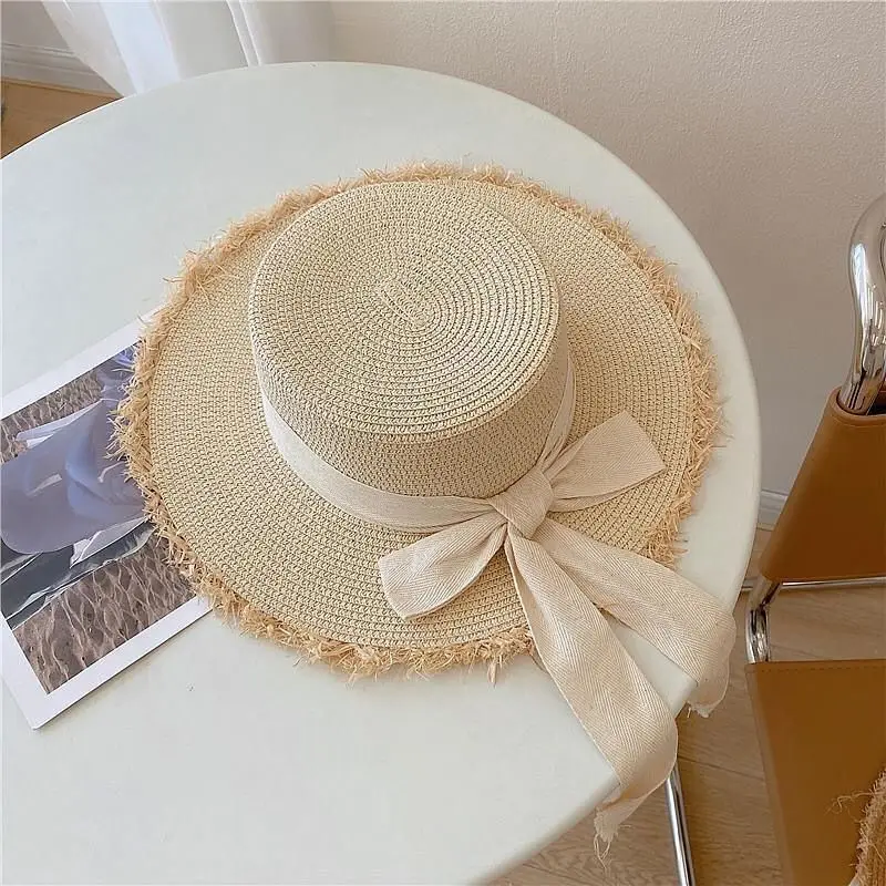 Womens Paper Straw Sun Hat Raffia Wide Brim Floppy Summer Beach Hats Frayed Hat