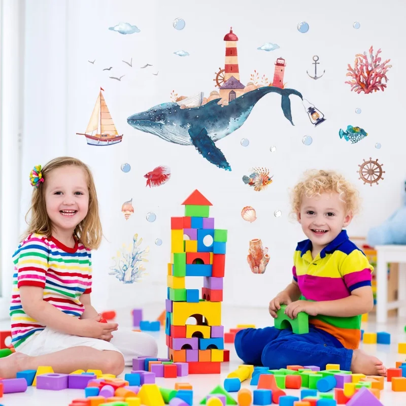 
HM92020 Fairy Tale Childhodd Whale Wall Decal Cartoon Ocean Wall Stickers Kids Bedroom 