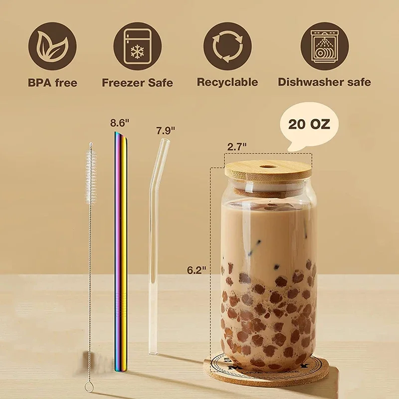 10OZ Drinking Glass Can Shaped Glass Cups with Bamboo Lids and Glass Straws for Juice Beverage Milk