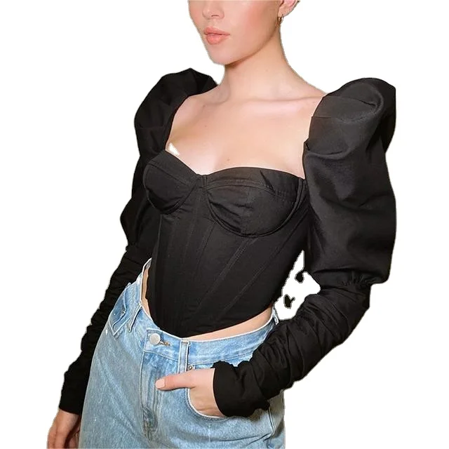 Sexy Hot Girl Summer Women Corp Top Tight Fitting Corset Style Blouse Square Collar Retro Vintage Woven Short YARN DYED Spring
