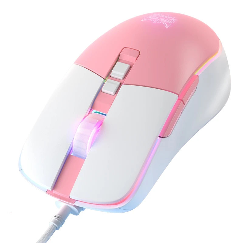 New ONIKUMA CW916 White Pink Wired Gaming Office Mouse 7 Key 6 Speed DPI Adjustment RGB Luminous Girl Computer Mouse