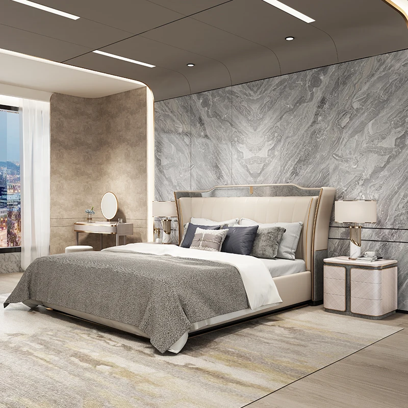 SANHE Luxury Solid Wooden Foam Padding Wedding Beds King Queen Size Double Bed with Leather Upholstered Headboard