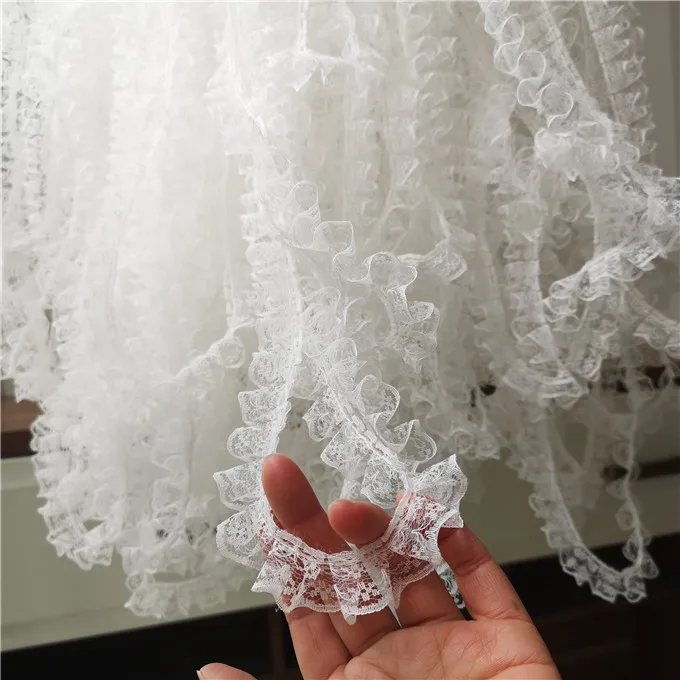 2CM Wide White Black Mesh Embroidery Fringe Ribbon Elastic Pleats Ruffle Trim Lace Applique Dress Collar Cuffs DIY Crafts Sewing