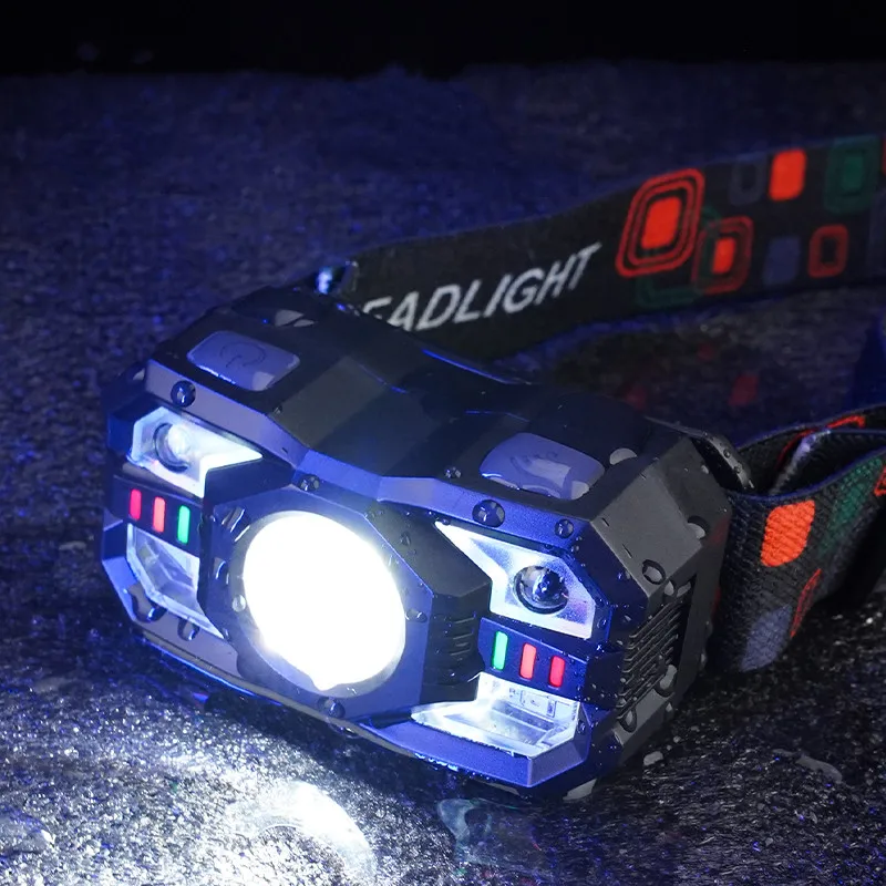 Smart Motion Sensor Headlamp Type-C USB LED Red Warning Light Power Display 1200mAh Battery 5 Modes Outdoor Head Lamp Headlight