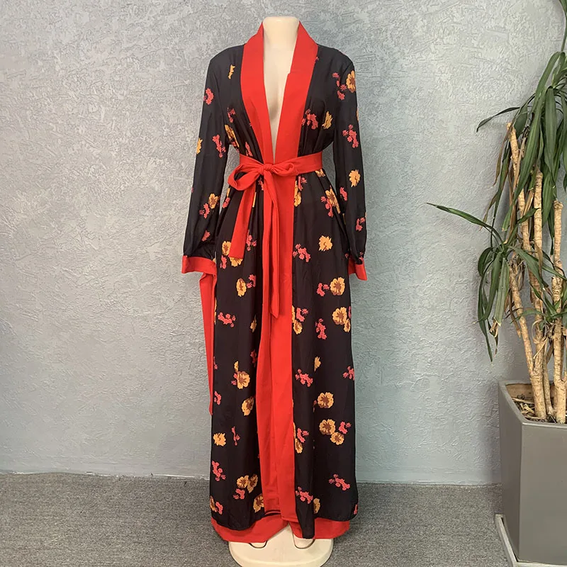 2022 Bohemian Women Casual Beach Style Floral Print Sexy Chiffon Cardigan And Knitted Long Wide Leg Pants Two Piece Set Outfits