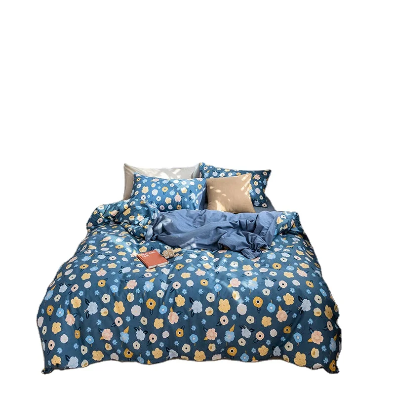 blue flowers plain printed duvet cover sets bed sheet washed bedding set