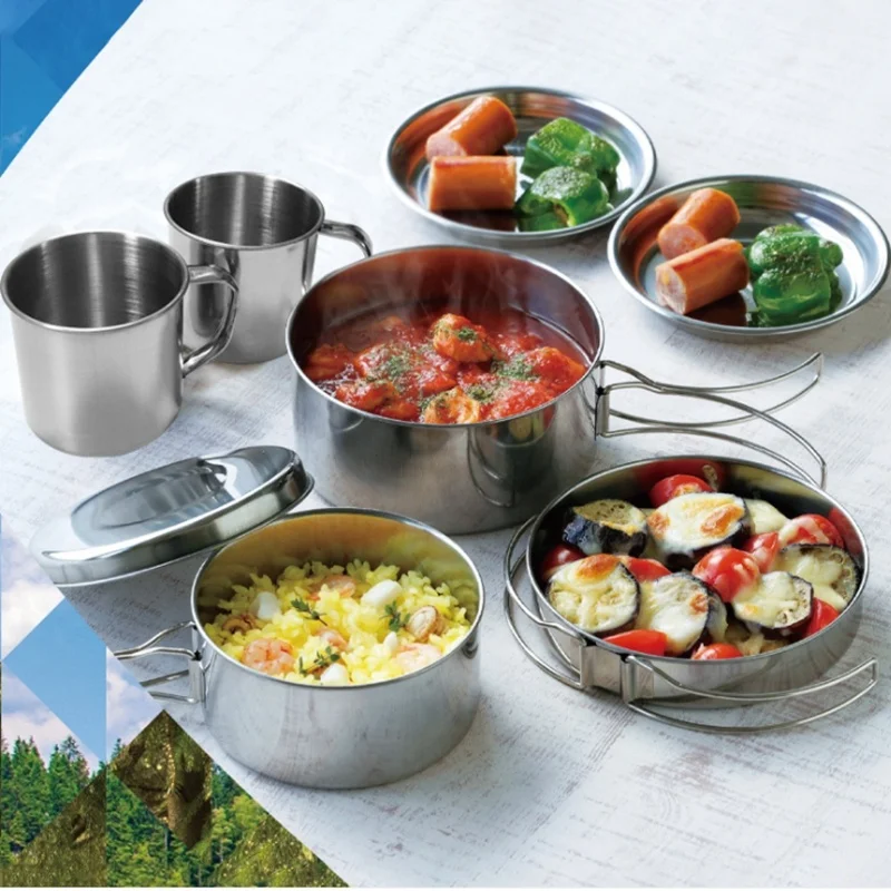 Outdoor 8pcs Pot Set Stainless Steel Cookware Mountaineering Picnic Set Bowl Portable Multi-function Storage Pot