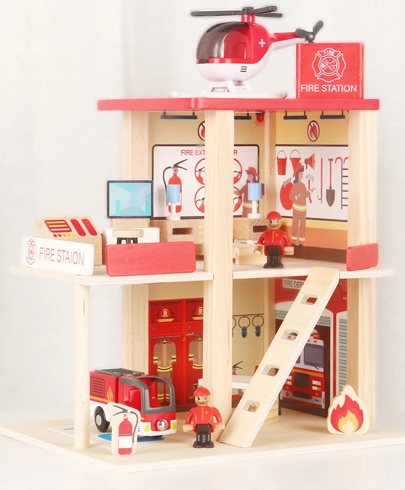 Montessori Wooden Educational Toys Pretend Police parking Game Assemble Wooden Simulation Toy Wooden Fire Station Game