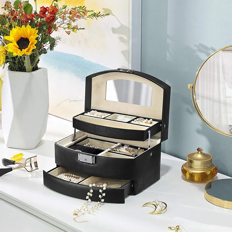 Luxury leather white three drawers jewelry box with mirror hinge and lock desktop velvet travel jewelry packaging box