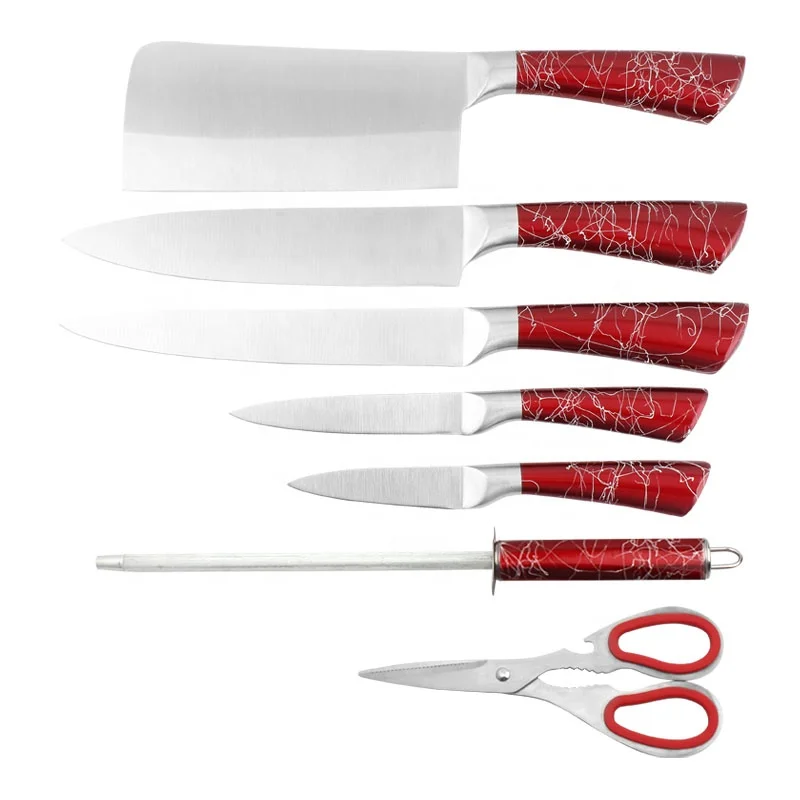 
Amazing tools 8Pcs acrylic stand shiny red chopper carving utility salad chef knives stainless steel kitchen knife set 