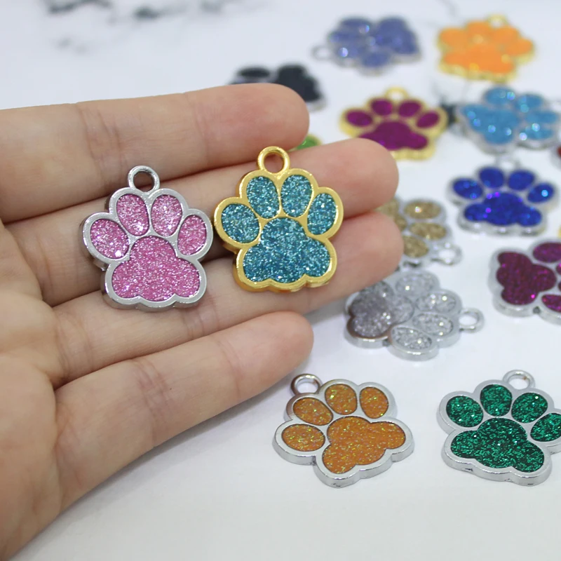 Gold Color/Silver Color 25x27mm Bling Cat Dog Bear Footprints Paw Pendant Dangle Charms Fit for Key Chain Keyring DIY Jewelry