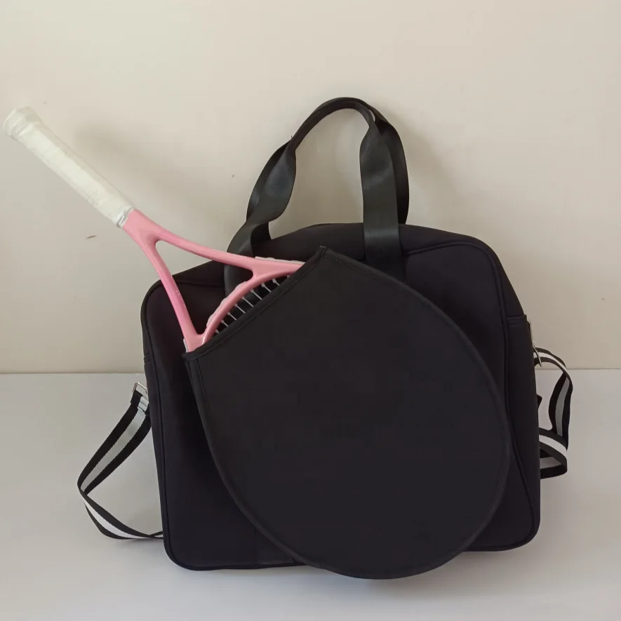 Neoprene Tennis Tote bag with zipper closure and exterior racquet pocket designer handbags