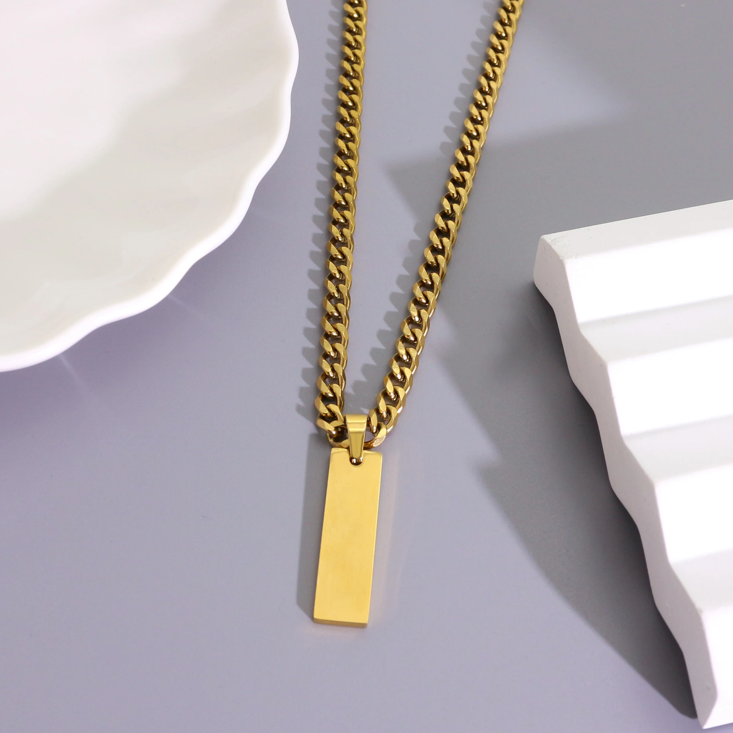 DIY Titanium Steel Long Pendant Necklace and Bracelet Set for Men Classic Style Stainless Steel Jewelry for Personal Engraving