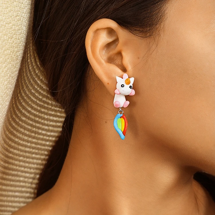 2020 New Arrival Polymer Clay Soft Ceramic Earrings Piercing Cute Cartoon Unicorn Earrings For Women