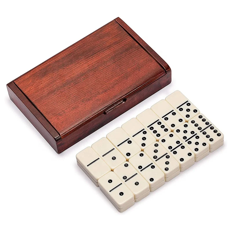Imports 28 Tiles Double 6 Dominoes Pips Dots Game Set Jumbo Tournament Size Dominos with Dark Oak Wood Case