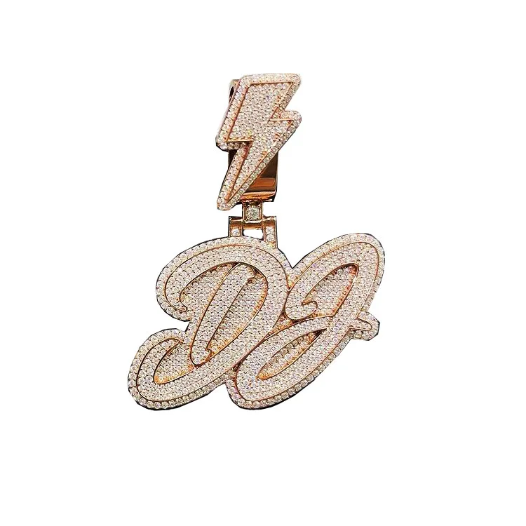 Hiphop  Cursive Custom Letter DJ 925 Silver Iced Out GRA Moissanite Stone In Rose Gold Plated 3D Logo Name Pendants