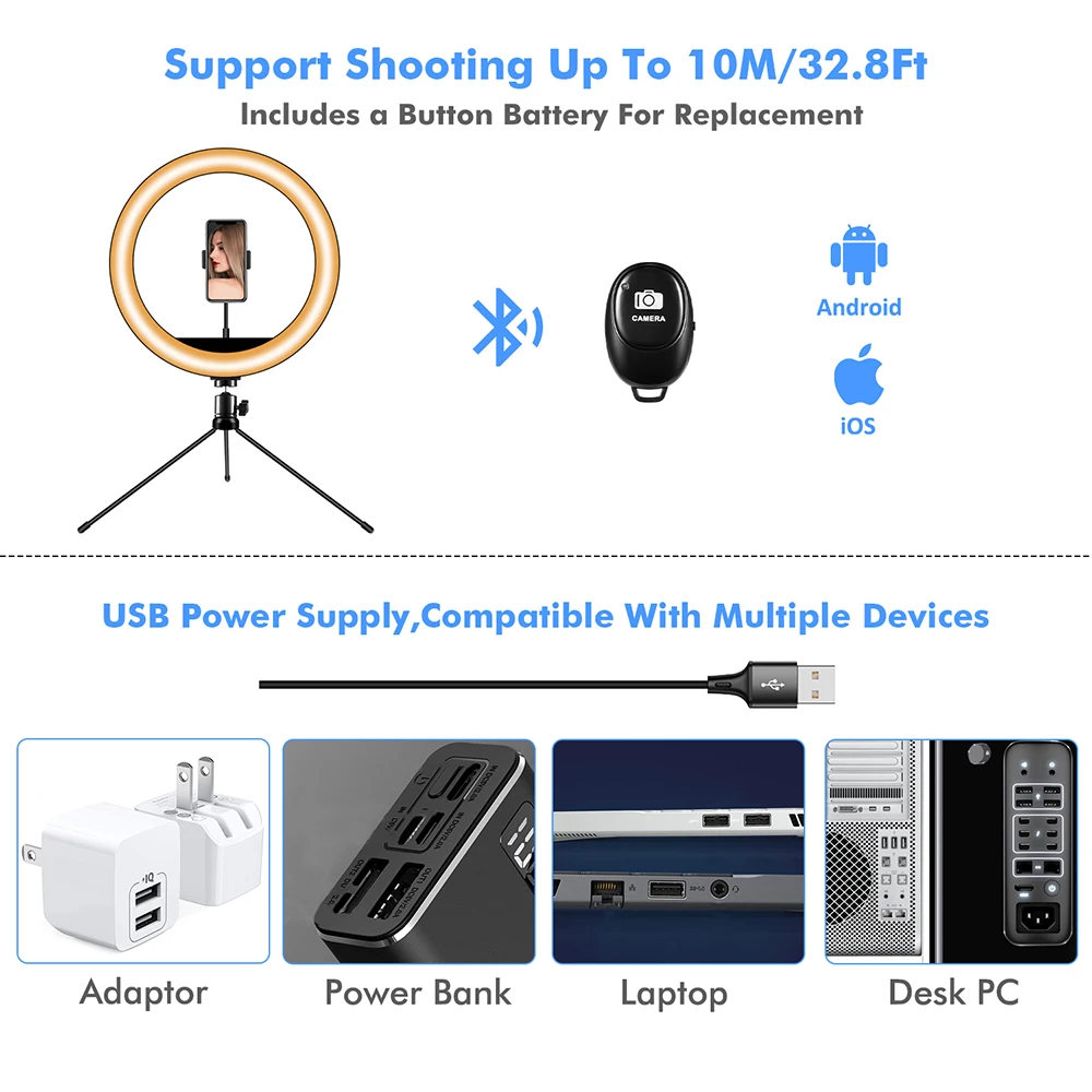 
Portable 10' Dimmable Photographic Lighting Desktop Selfie Ring Light Ring Lamp With Tripod Stand Cell Phone Holder 