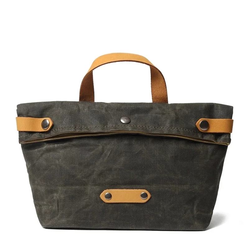 Customized Large Lady Shopping Handbag Korean Style Unique Waxed Twill Canvas Medium The Tote Bag Single Genuine Leather Handle