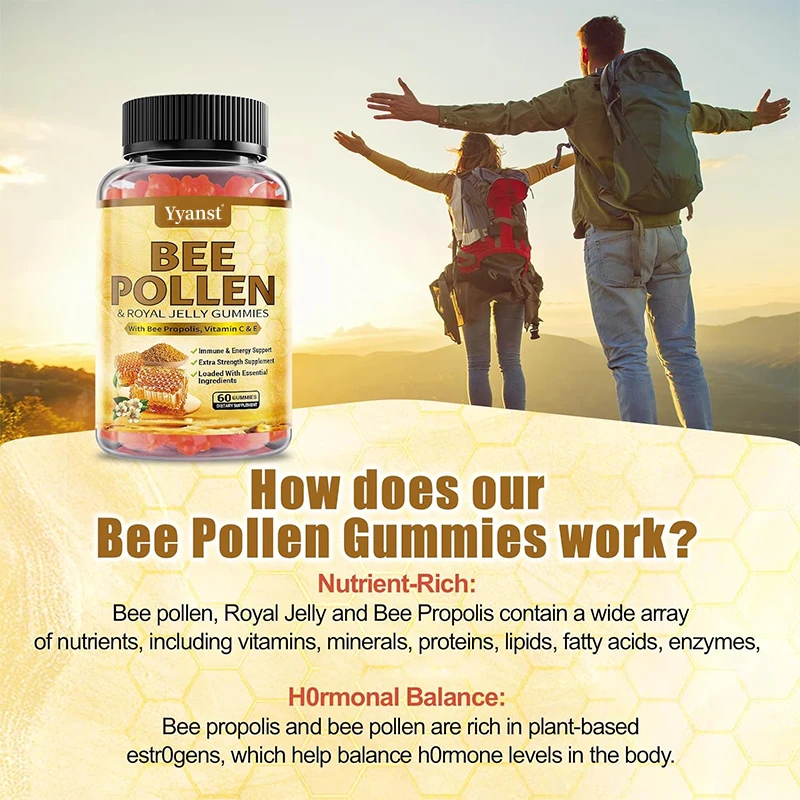 Private Label 100% Natural Bee Pollen with Royal Jelly Gummies Skin Health Support Boost Energy Bee Pollen Gummies