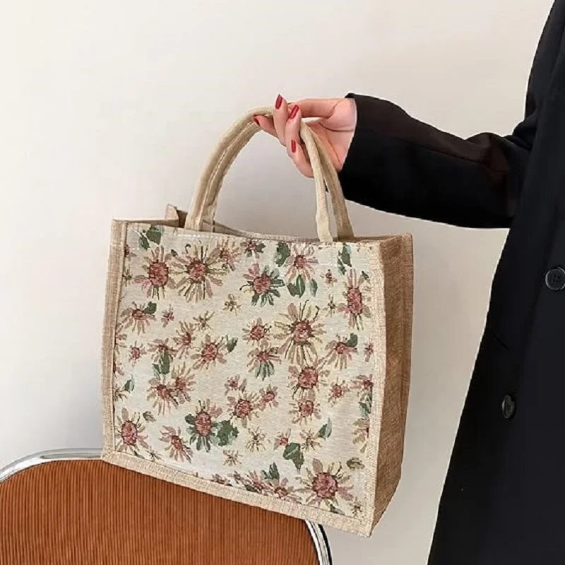 High Quality Printing Larger Capacity Reusable Burlap Shopping Tote Bags Flax Jute Beach Bag