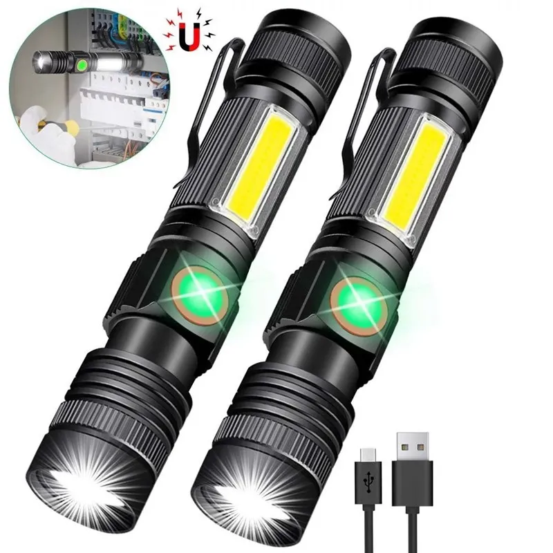 2022 New handy sturdy T6+COB 2 in 1 tactical zoom glare led flashlight TYPE-C rechargeable long range magnetic led torch